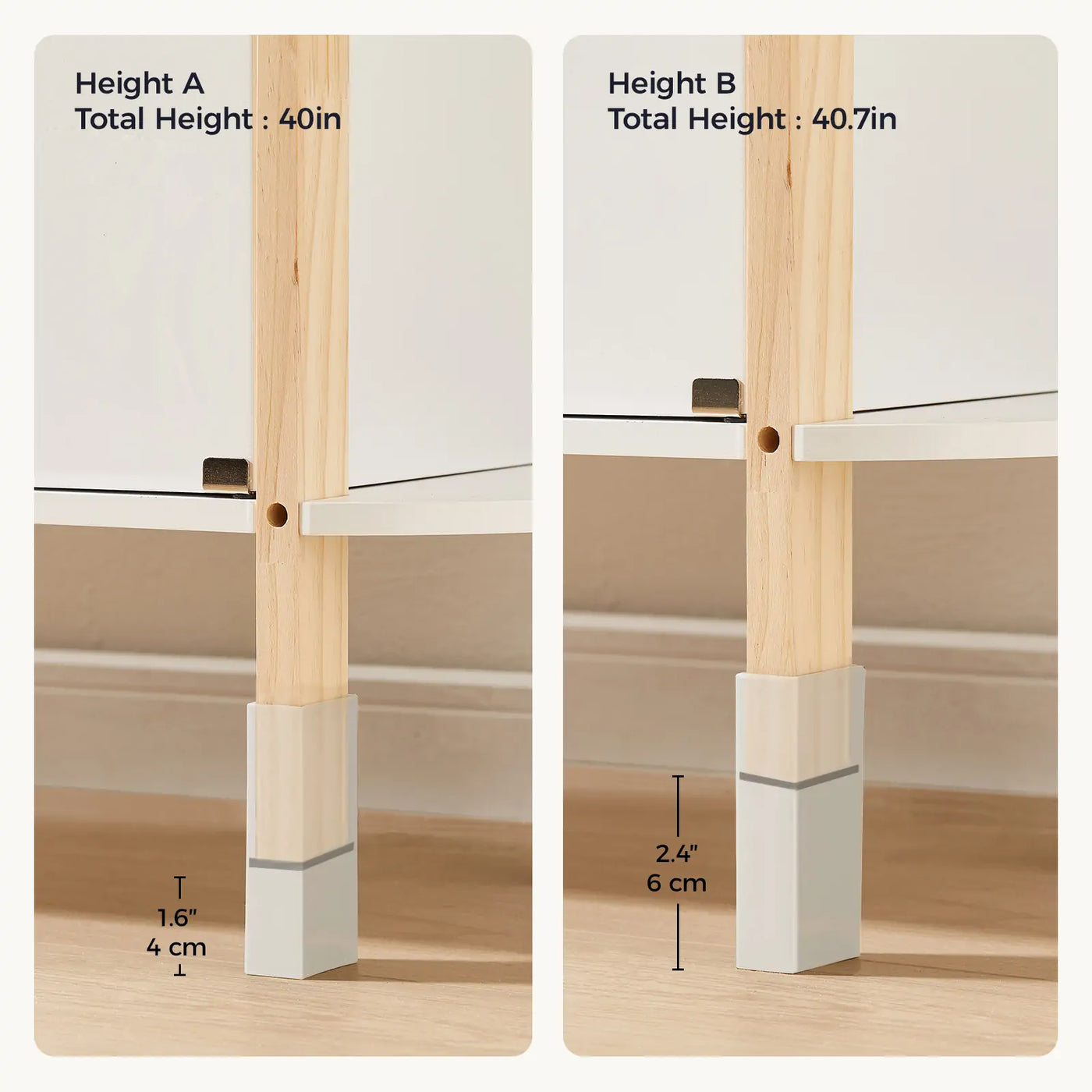 Side-by-side comparison of Tiny Land® PopJoy Play Kitchen legs: left shows Height A (40" with 1.6" extension), right shows Height B (40.7" with 2.4" extension). Both feature sturdy wooden legs with white extensions from Tiny Land.