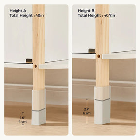 Side-by-side comparison of Tiny Land® PopJoy Play Kitchen legs: left shows Height A (40" with 1.6" extension), right shows Height B (40.7" with 2.4" extension). Both feature sturdy wooden legs with white extensions from Tiny Land.