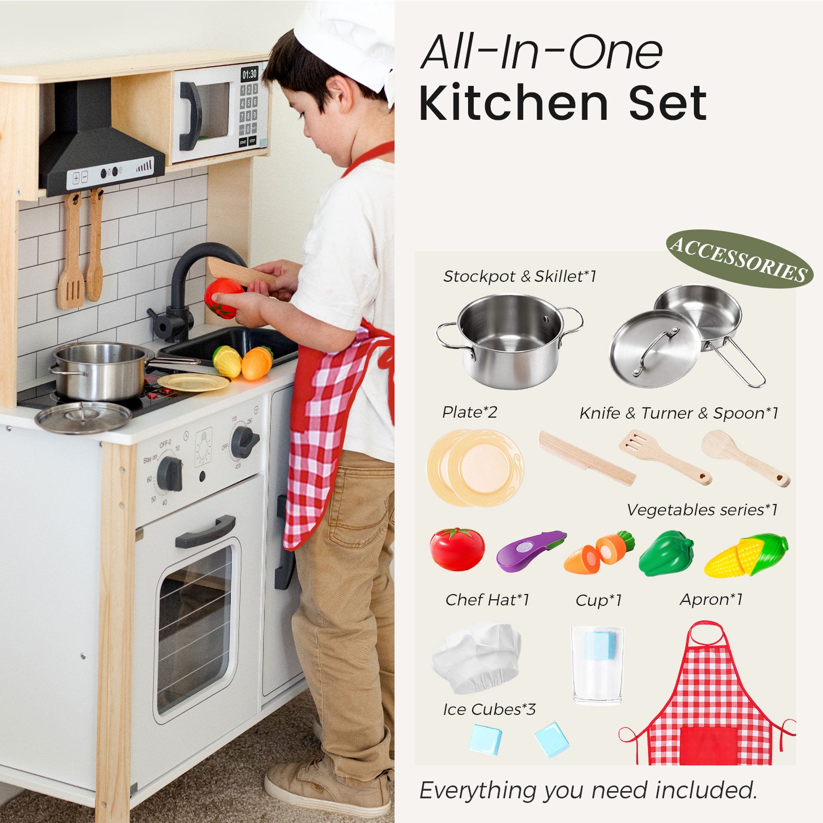 A child in a chef hat enjoys the Tiny Land® Farm-to-Table Gift Set—Light & Sound Kitchen & Market Stall, featuring a stovetop, sink, toy utensils, food items, and all accessories included. Brand: Tiny Land.