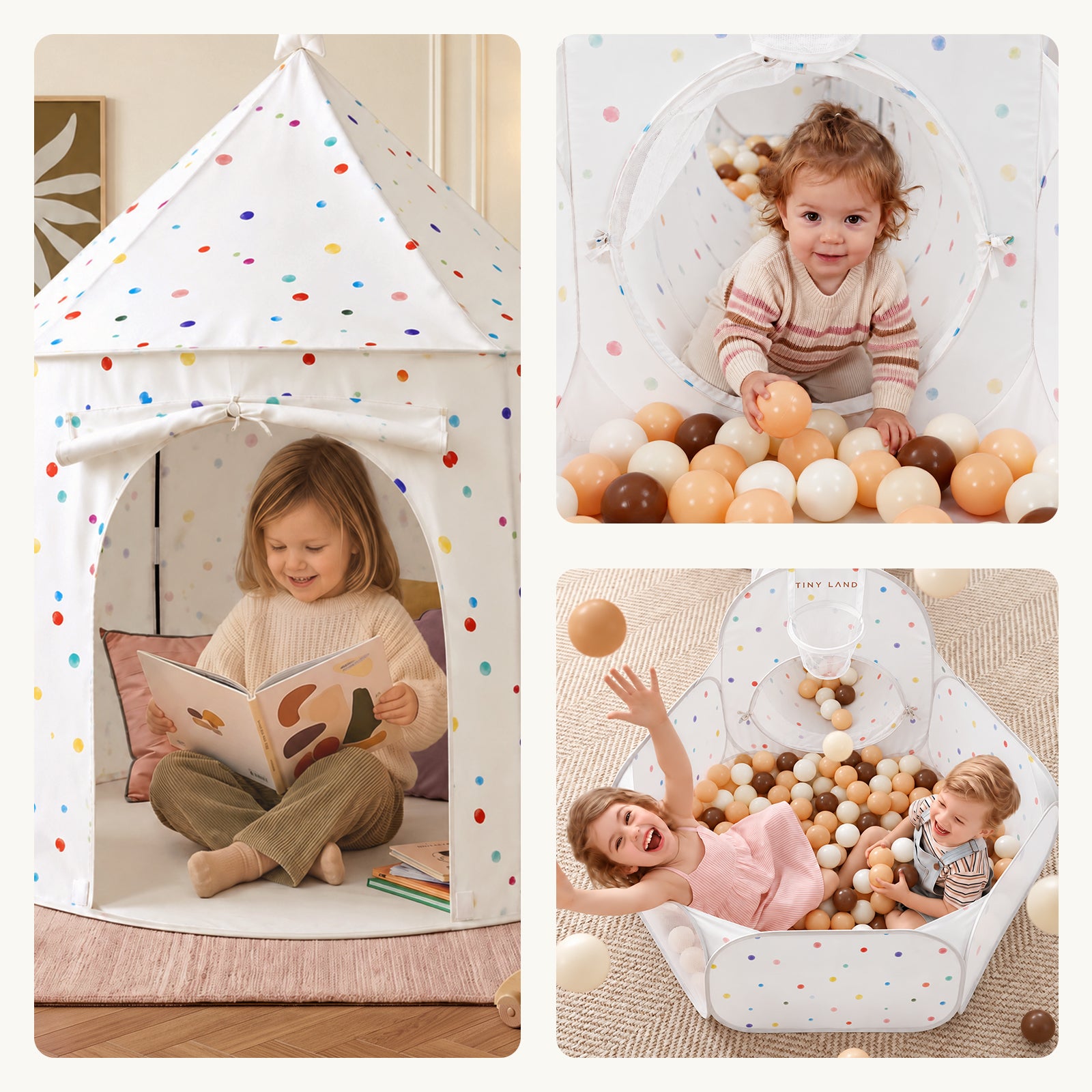 A child reads inside a polka-dot play tent, a toddler crawls through a Tiny Land® Compact Adventure 3-in-1 Play Tunnel With no Balls, and two children play in a ball pit with an attached basketball hoop.|Colorful Dots