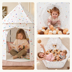 A child reads inside a polka-dot play tent, a toddler crawls through a Tiny Land® Compact Adventure 3-in-1 Play Tunnel With no Balls, and two children play in a ball pit with an attached basketball hoop.|Colorful Dots