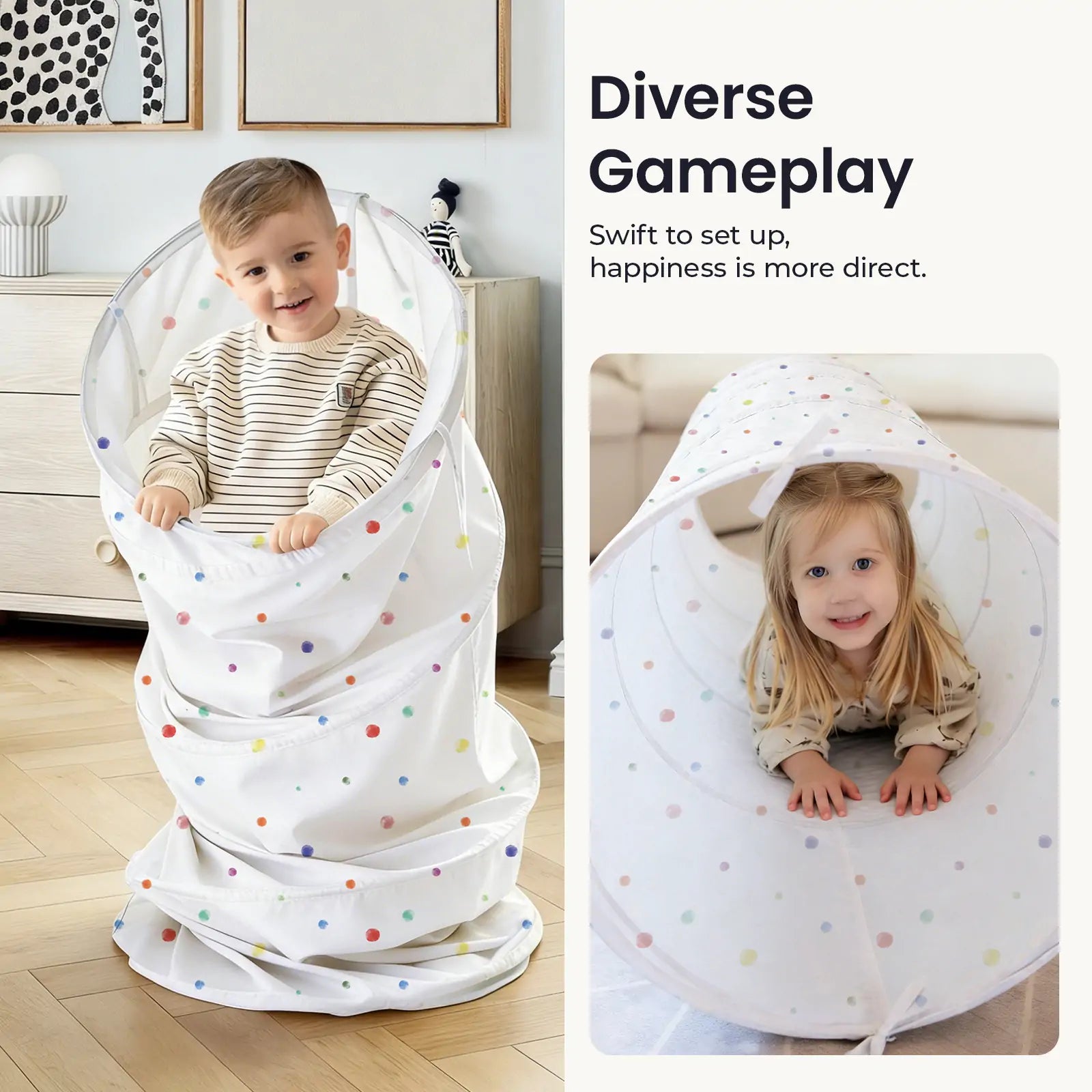 Two children smile as they play with the Tiny Land® Adventure Play Tunnel - Colorful Polka Dots. The boy stands inside, while the girl crawls through the tunnel. Text overlay: Diverse Gameplay. Brand: Tiny Land.|white