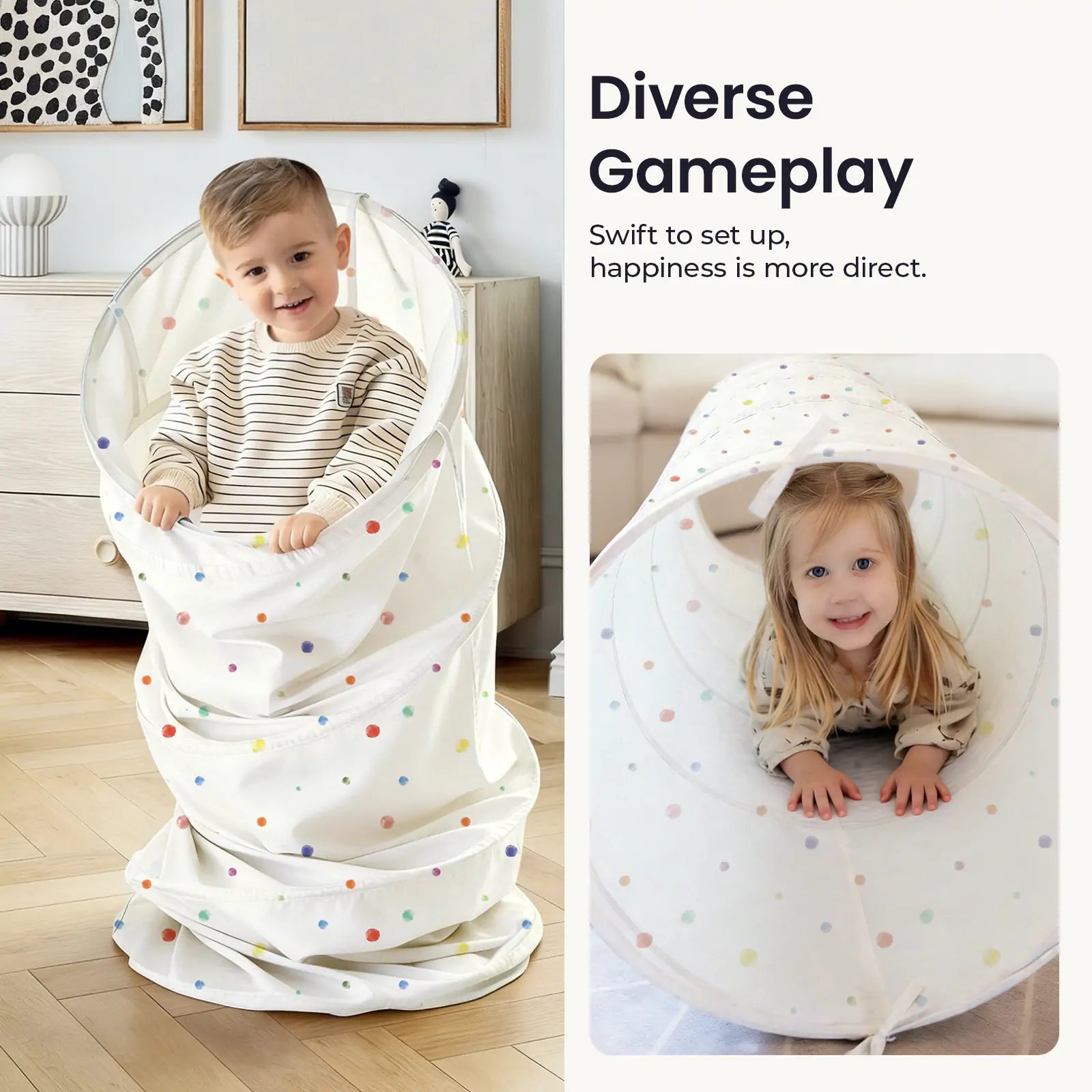 A young boy stands inside the Tiny Land® Adventure Play Tunnel - Colorful Polka Dots while a girl crawls through it. The text reads: Diverse Gameplay. Easy setup from Tiny Land means happiness comes fast.