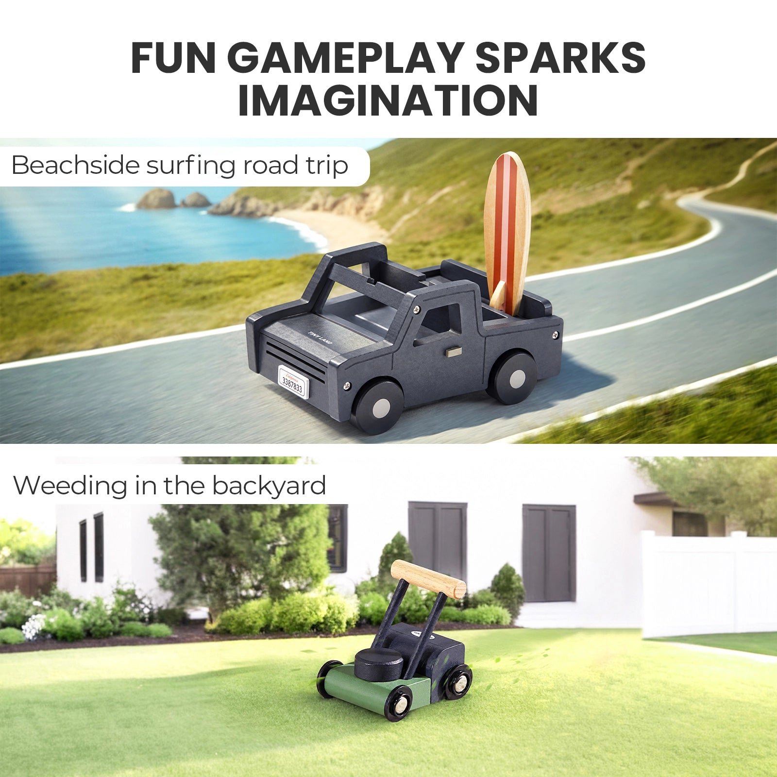 A wooden toy truck carrying a surfboard on a coastal road and a toy lawnmower on a green lawn, designed for the Tiny Land® Sweetwood Edge Dollhouse & Wooden Dollhouse Garage.
