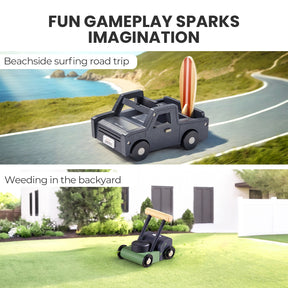 A wooden toy truck carrying a surfboard on a coastal road and a toy lawnmower on a green lawn, designed for the Tiny Land® Sweetwood Edge Dollhouse & Wooden Dollhouse Garage.