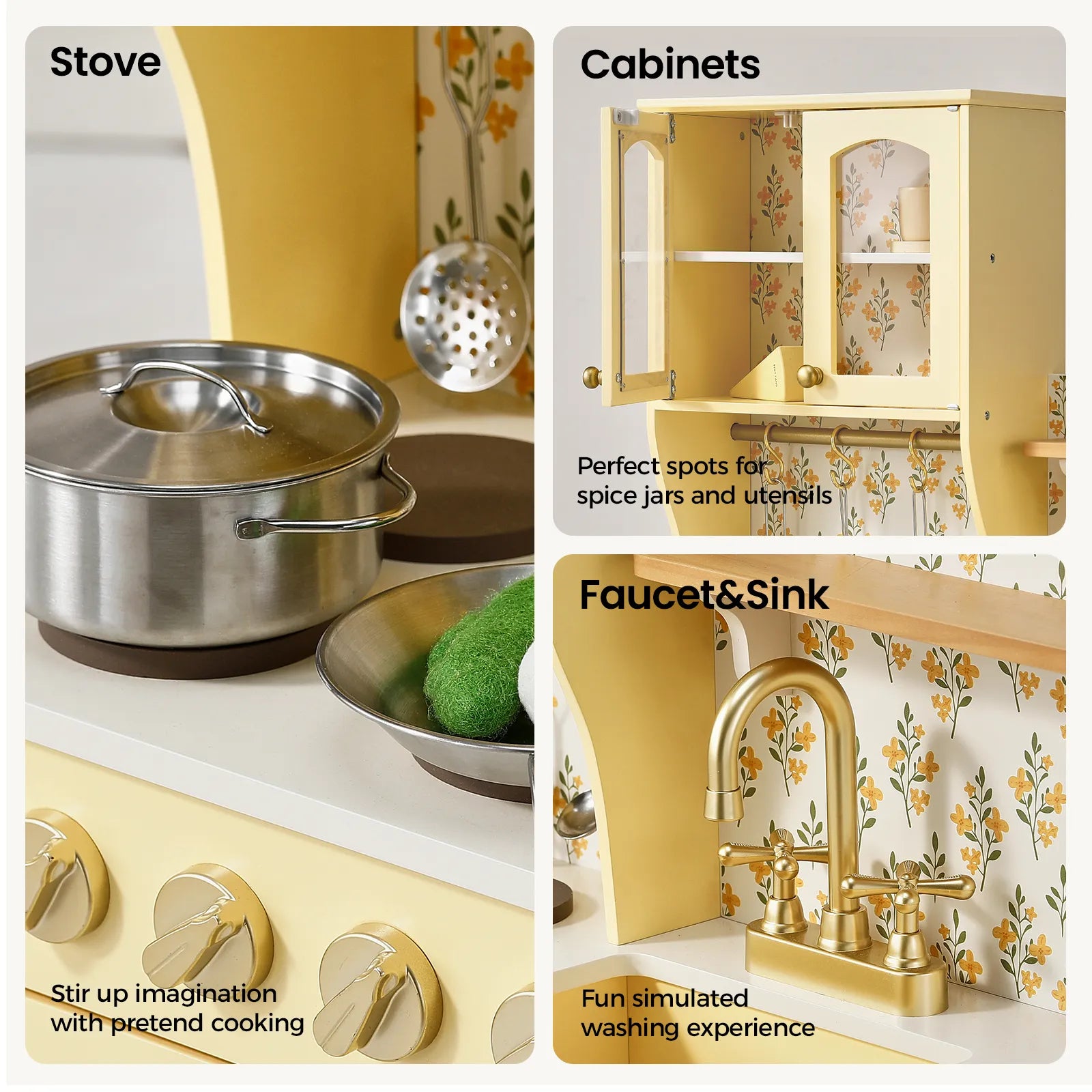 The Tiny Land® Wooden Play Kitchen with Storage for Creative Toddlers by Tiny Land is an eco-friendly, yellow toy kitchen set featuring a stove, cabinets, and a faucet with sink—shown in detailed close-up images. This multifunctional play kitchen includes labeled storage areas for pretend cookware and encourages imaginative cooking, making it ideal for creative play.|Pale Yellow
