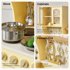 Collage of the Tiny Land® Wooden Play Kitchen with Storage for Creative Toddlers, by Tiny Land, showcasing a stove, cabinet, and golden faucet. Silver pretend cookware rests on the cheerful yellow stove, while jars are neatly stored in the floral multifunctional storage cabinet. The golden faucet paired with a sink encourages imaginative washing play. Text highlights creative fun and practical organization in this delightful kitchen set for toddlers.|Pale Yellow