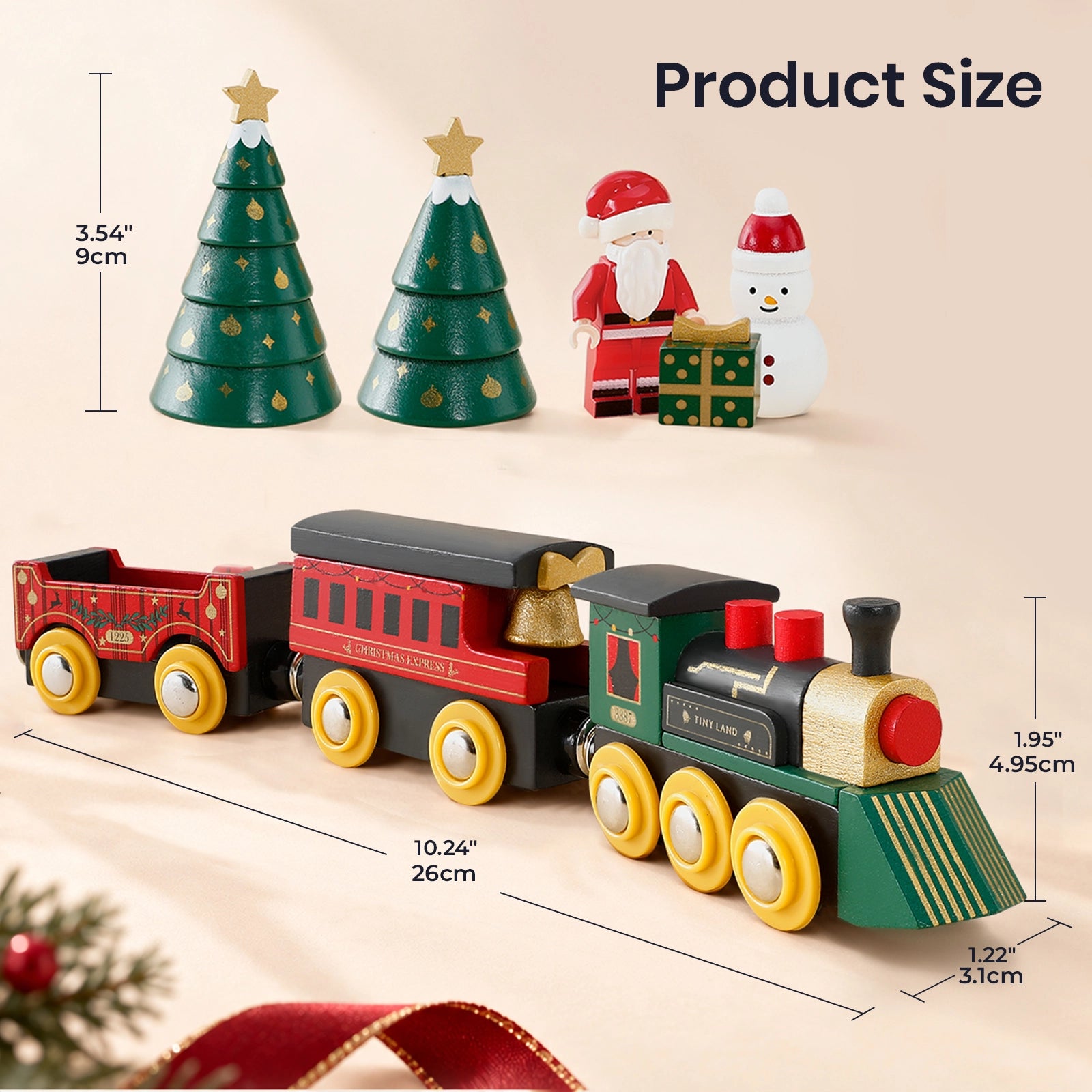 Tiny Land® Christmas Express Wooden Train Accessory Set with two Christmas trees, a Santa Claus figure, a snowman, a gift box, and dimension labels for the train and trees.