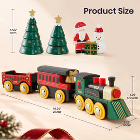 Tiny Land® Christmas Express Wooden Train Accessory Set with two Christmas trees, a Santa Claus figure, a snowman, a gift box, and dimension labels for the train and trees.