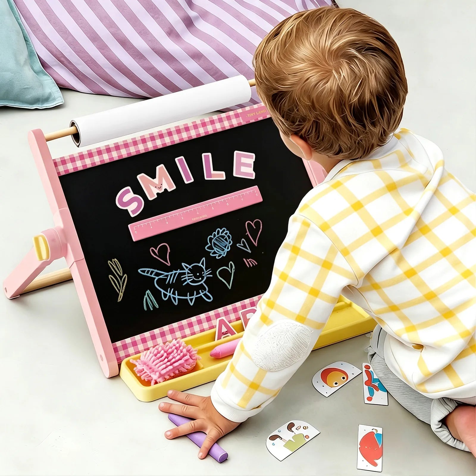 A young child sits on the floor, wearing a yellow checkered shirt, and creates colorful chalk art—writing SMILE—on the Tiny Land® Double-Sided Magnetic Tabletop Easel by Tiny Land. The pink-framed, adjustable kids easel is surrounded by art supplies and illustrated cards.|Pink