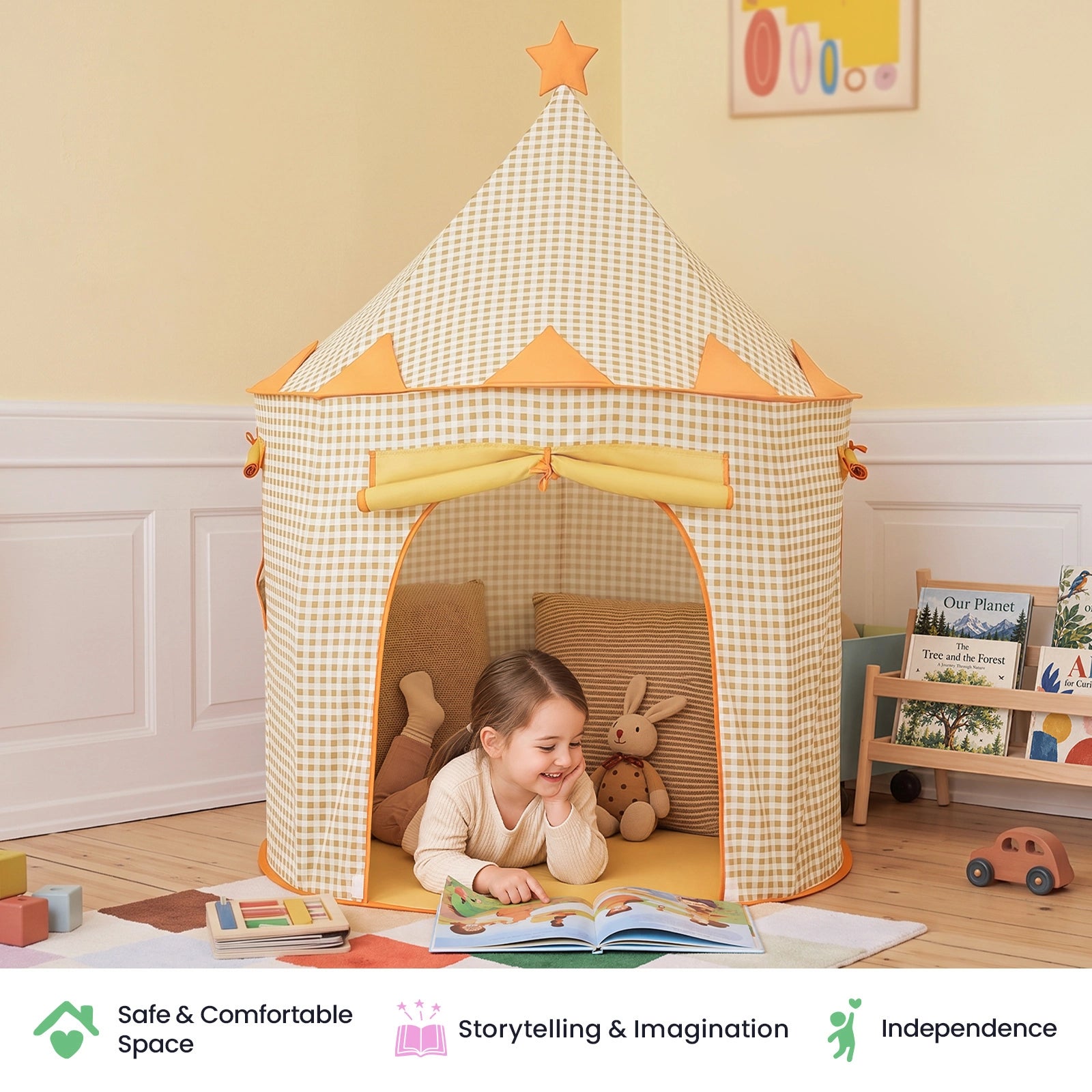 A young girl reads a book inside a beige gingham-patterned Tiny Land® Kids Tent, with a plush rabbit resting beside her.|Yellow