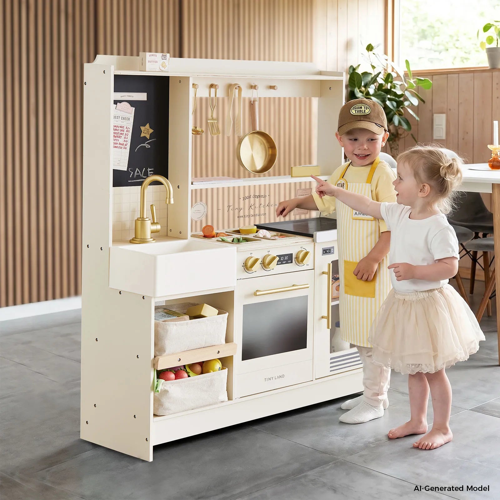 Two children play with the Tiny Land® BistroSwitch Play Kitchen by Tiny Land, featuring toy food, utensils, and a pretend sink and stove. One wears a yellow apron and chef hat; the other is dressed in white with a tutu.|White