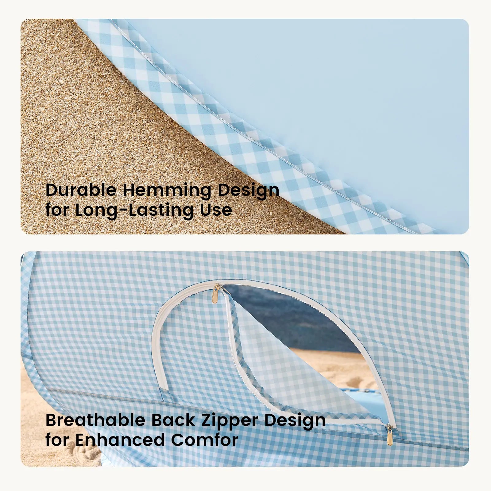Top: Close-up of Tiny Land® One-Stop Beach Toy & Tent Set – Light Blue Gingham fabric with durable hemming on sand. Bottom: Tent features a zippered back, breathable mesh, and UV protection for comfort by the shore.