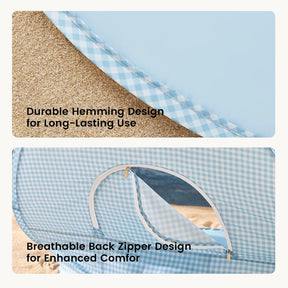Top: Close-up of Tiny Land® One-Stop Beach Toy & Tent Set – Light Blue Gingham fabric with durable hemming on sand. Bottom: Tent features a zippered back, breathable mesh, and UV protection for comfort by the shore.