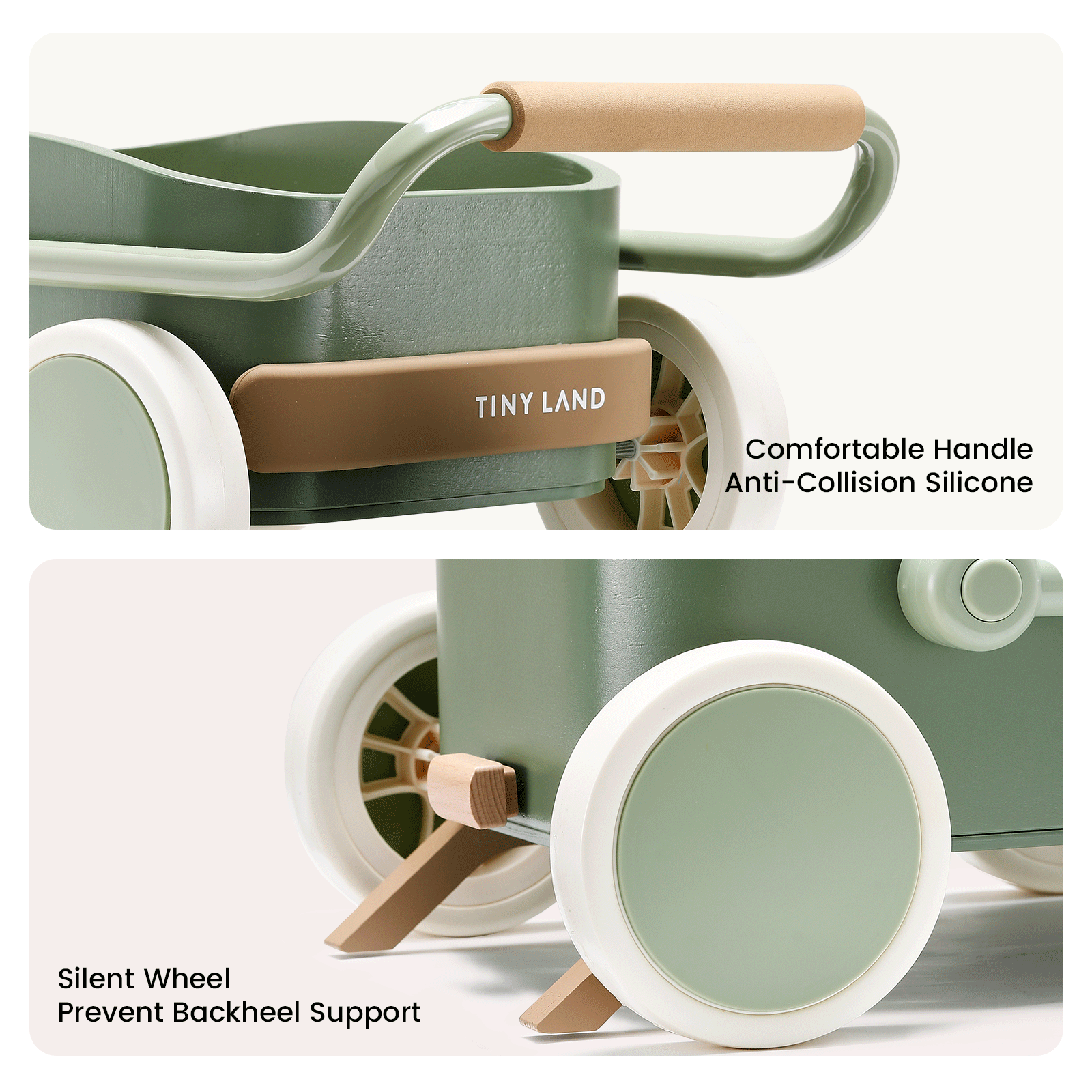 A sage green and white Tiny Land® JoyRide Baby Walker with Blocks by Test features a brown handle, anti-collision silicone grip, silent wheels with adjustable speed, backheel support, and a wooden storage box.