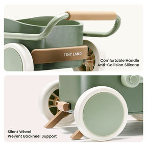 A sage green and white Tiny Land® JoyRide Baby Walker with Blocks by Test features a brown handle, anti-collision silicone grip, silent wheels with adjustable speed, backheel support, and a wooden storage box.