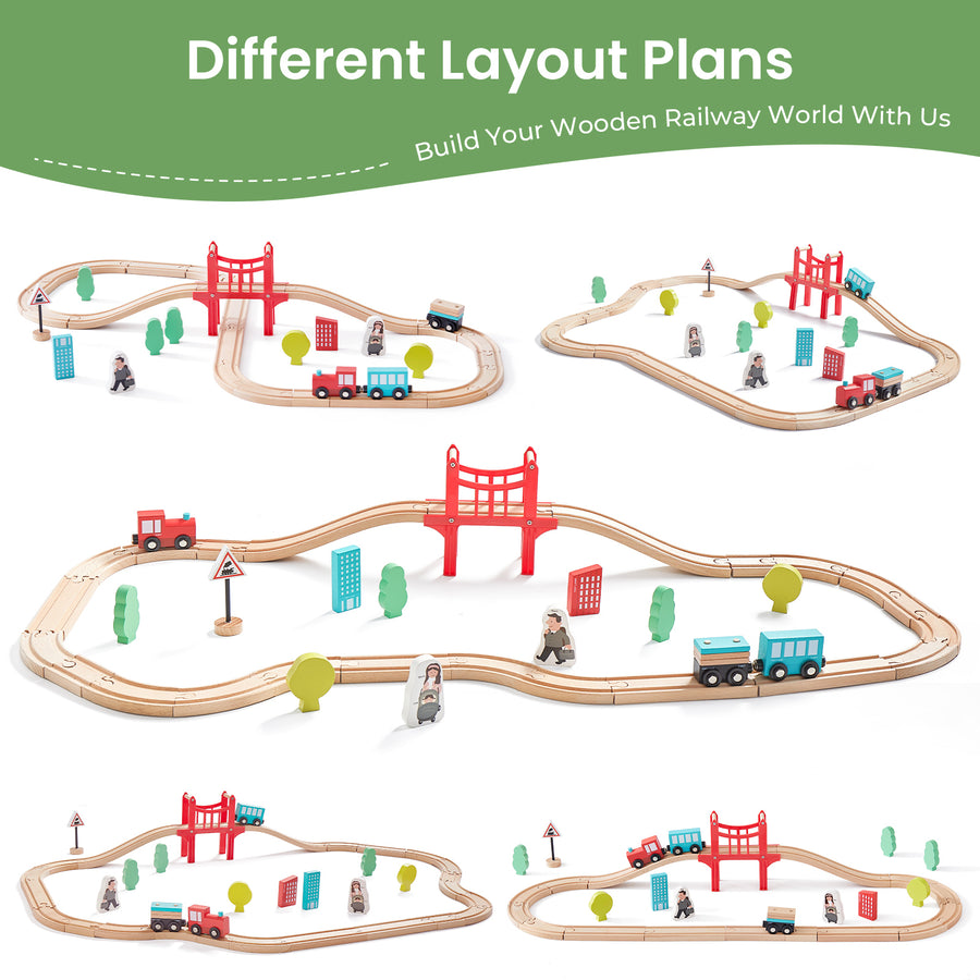 The Tiny Land® Wooden Train Set for Children (39 pcs) by Tiny Land is arranged in five layouts, featuring trains, bridges, signs, trees, buildings, and small animal figures—an eco-friendly toy shown on a white background with green text above.|39 Pcs