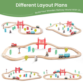 The Tiny Land® Wooden Train Set for Children (39 pcs) by Tiny Land is arranged in five layouts, featuring trains, bridges, signs, trees, buildings, and small animal figures—an eco-friendly toy shown on a white background with green text above.