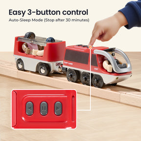 A child uses the red remote with three buttons to control the Tiny Land® Dual-Color Electric Toy Train, which features two connected cars on wooden tracks and LED headlights. Text highlights easy 3-button control and Auto-Sleep Mode by Tiny Land.|Red