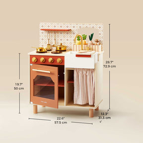 The Tiny Land® Wooden Play Kitchen for Toddlers features a stove, oven, sink, and shelves (28.7”H x 22.6”W x 12.3”D), plus toy pots, pans, and utensils for creative pretend play. Brand: Tiny Land; Model: Honey Kitchenette Set.|Mediterranean