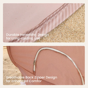 Close-up of the Tiny Land® One-Stop Beach Toy & Tent Set – Blush Pink on sand, showing a durable hem and zippered back panel with white trim. Text highlights UV protection and comfort for lasting use.