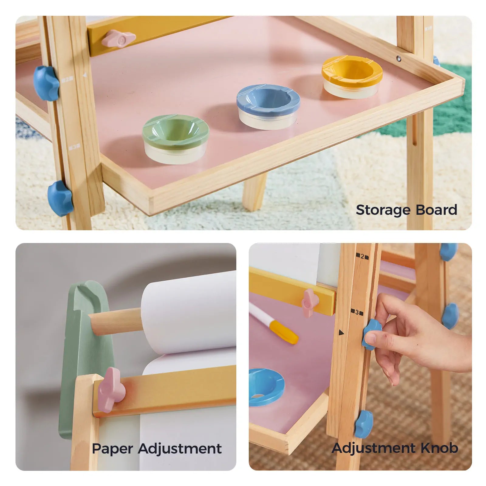Three labeled sections show features of the Tiny Land® 3-in-1 Art Easel for Kids - Morandi: a storage board with colorful bowls, a paper roll adjustment knob, and a knob for adjusting the easel height.