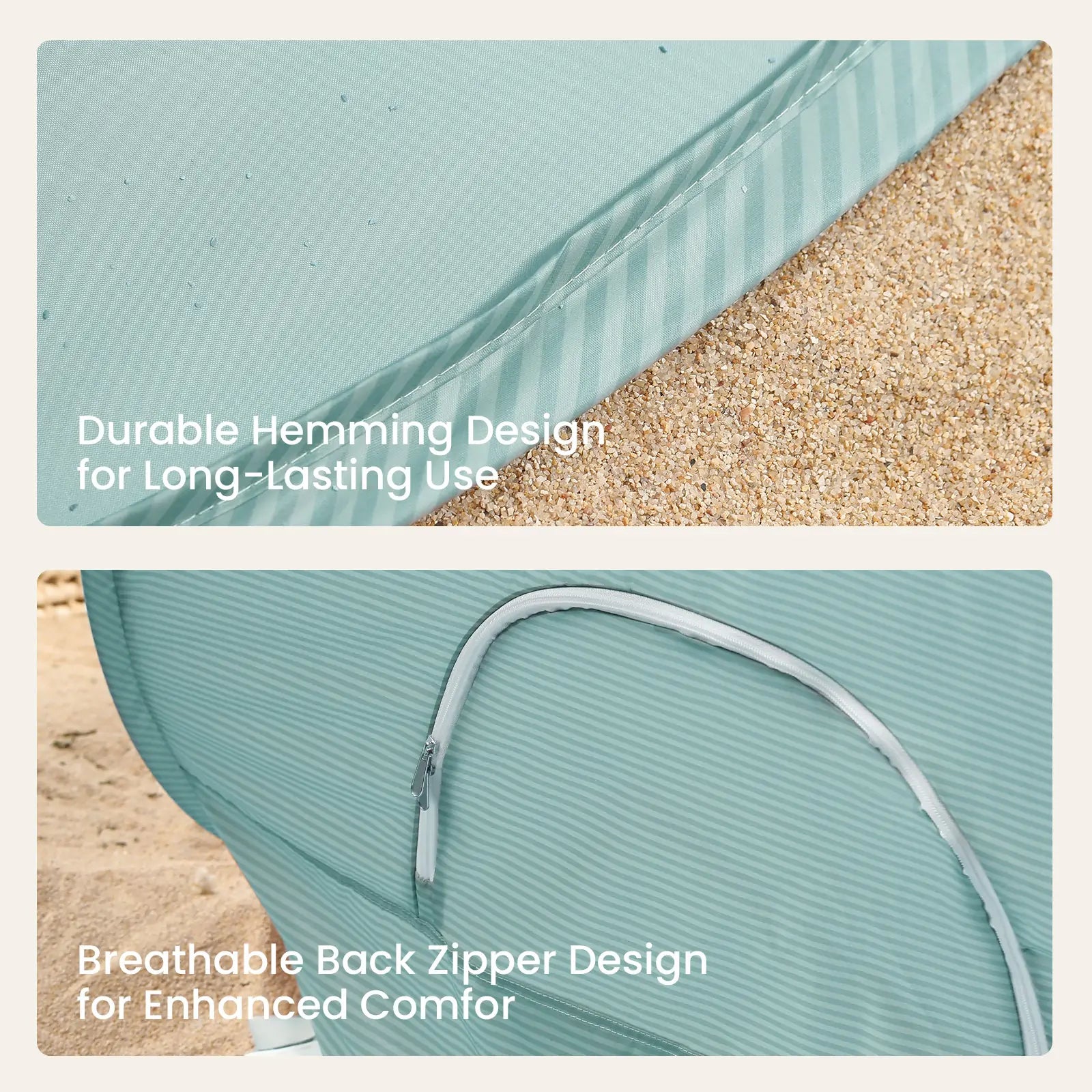 Close-up images of the Tiny Land® One-Stop Beach Toy & Tent Set – Sea Blue, showing its durable hemming and breathable back zipper on sand. Text labels highlight these design features from Tiny Land.