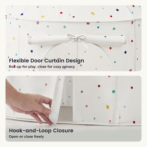 Two panels showing a Tiny Land® Compact Adventure 3-in-1 Play Tunnel With no Balls: the top panel shows a rolled-up door curtain, and the bottom panel shows a hand opening a door secured with hook-and-loop fasteners.|Colorful Dots