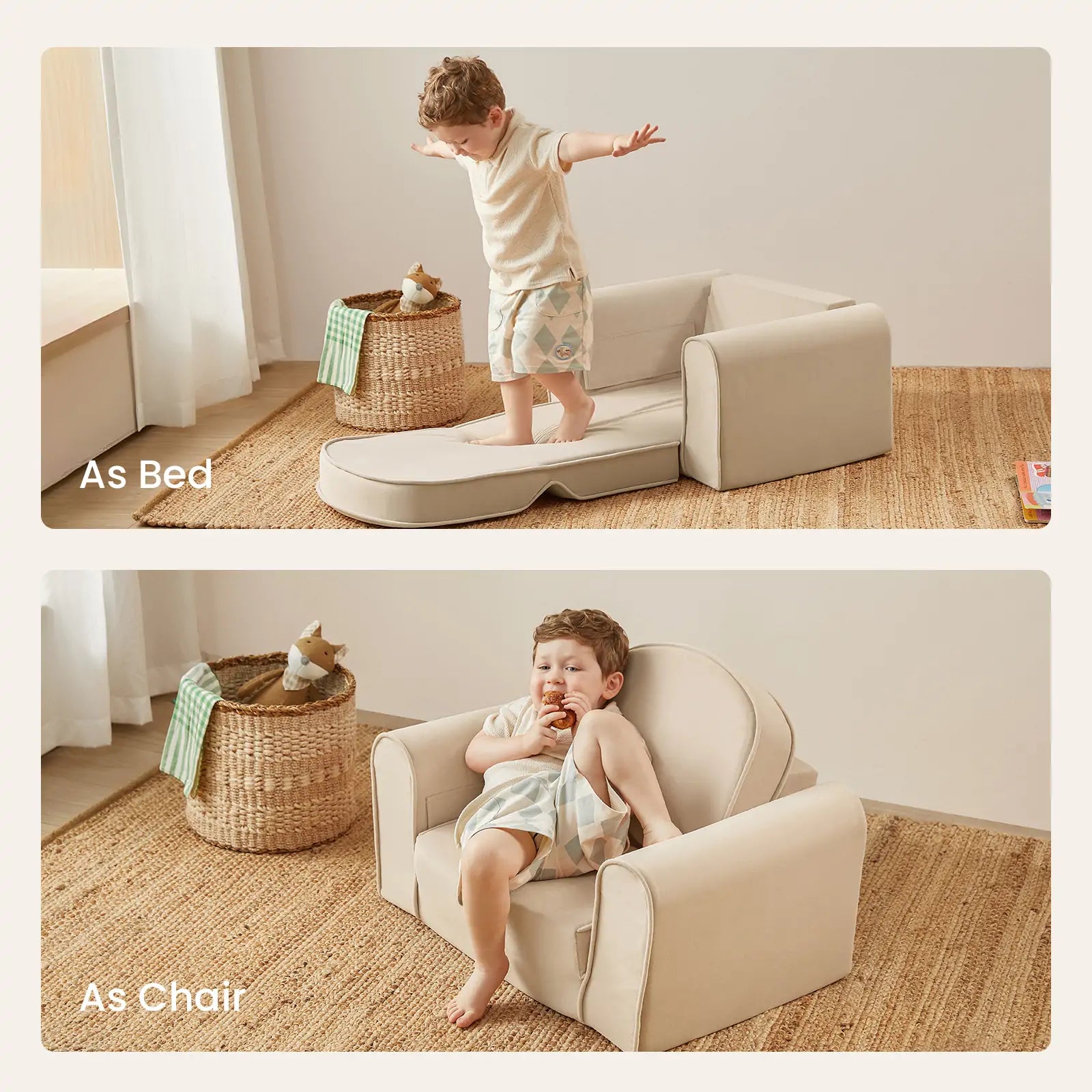 A young child plays on a beige Tiny Land® GentleSnug Kid Chair by Tiny Land, displayed as a flat bed in the top image and as a chair in the bottom image, in a cozy, sunlit room with baskets and toys. This 2-in-1 convertible sofa bed features high-density foam for comfort and support during playtime or rest.|Beige