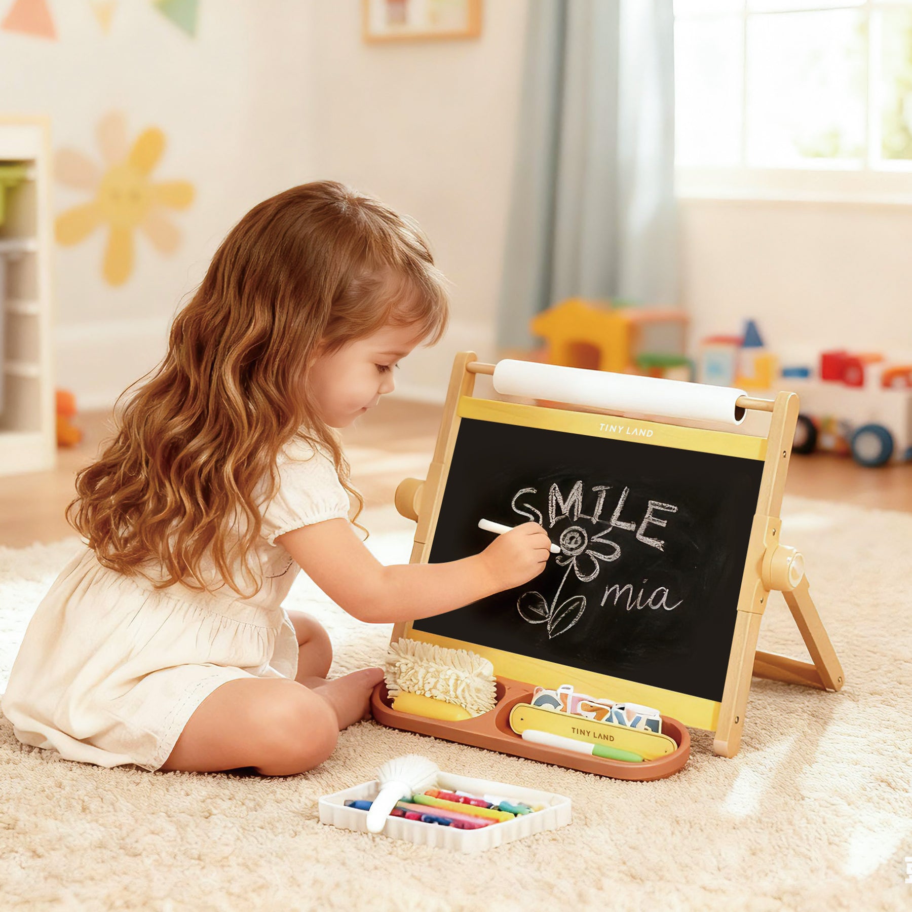 A young girl with long brown hair draws a flower and the words "SMILE" and "mia" with white chalk on the Tiny Land® Double-Sided Magnetic Tabletop Easel - Yellow, as art supplies are neatly arranged in front of her in a cozy playroom.