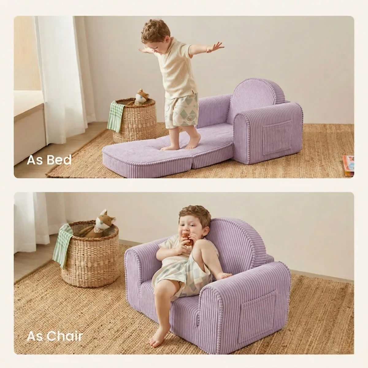 A young child uses the Tiny Land® GentleSnug Kid Chair—Purple by Tiny Land, shown as a bed in the top image and folded into a chair in the bottom, both in a cozy, sunlit room.