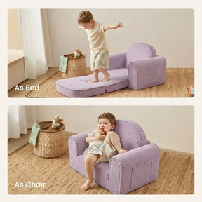 A young child uses the Tiny Land® GentleSnug Kid Chair—Purple by Tiny Land, shown as a bed in the top image and folded into a chair in the bottom, both in a cozy, sunlit room.