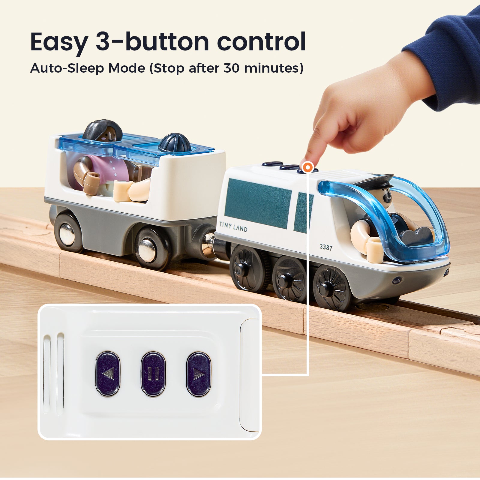 A child presses a button on a Tiny Land® Dual-Color Electric Toy Train with two cars on wooden tracks. Text highlights easy 3-button control and Auto-Sleep Mode (stops after 30 min), plus a close-up of the white LED remote.|White