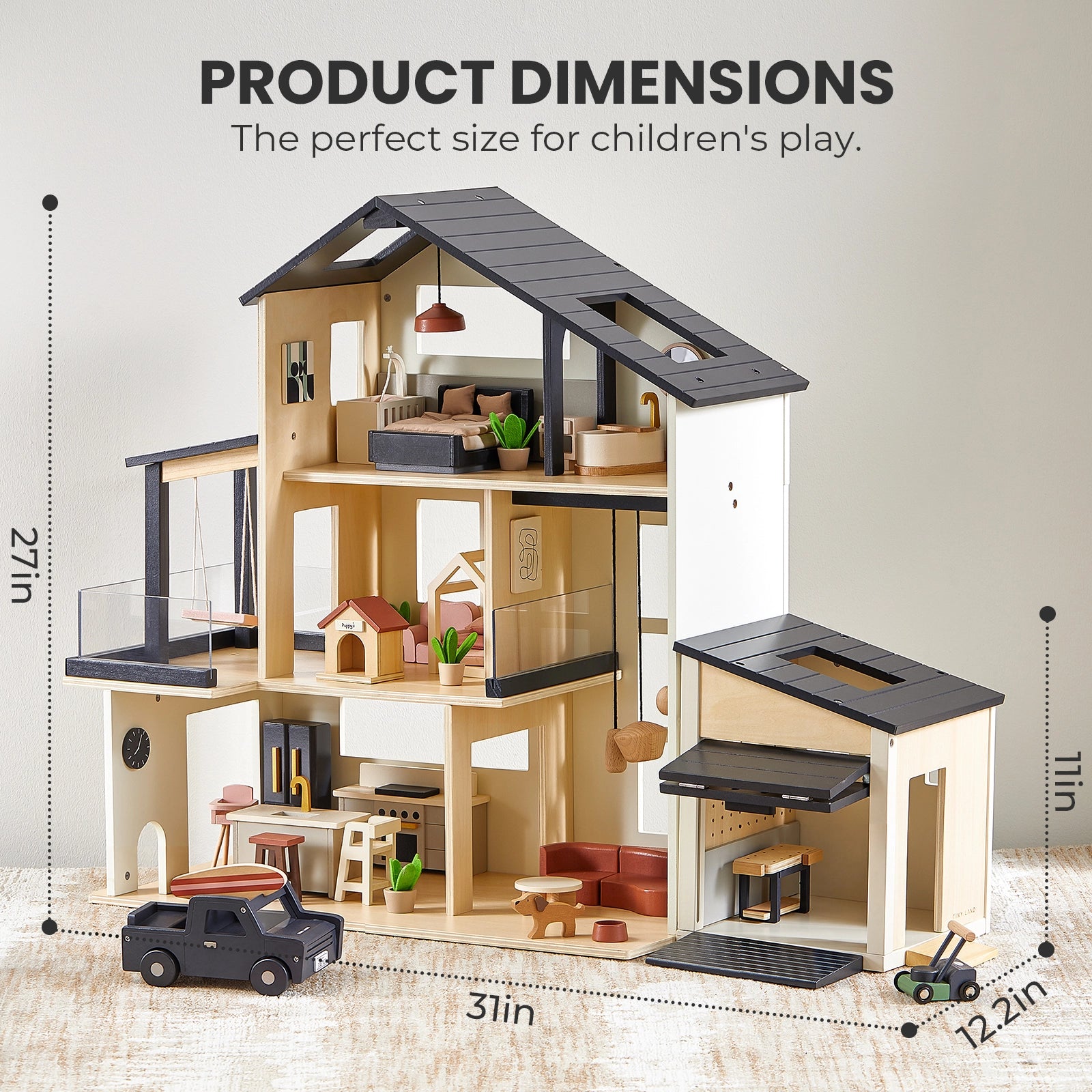 Tiny Land® Sweetwood Edge Dollhouse & Wooden Dollhouse Garage with furniture and a toy car, measuring 27 inches high, 31 inches wide, and 12.2 inches deep.