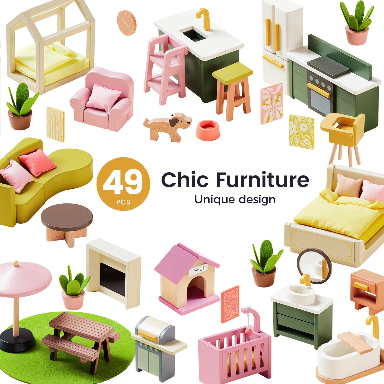 Assorted miniature wooden furniture and accessories from Tiny Land® Sweetwood Cottage Dollhouse, including beds, sofas, tables, chairs, plants, a dog house, kitchen and bathroom pieces. 49 PCS Chic Furniture. Unique design by Tiny Land.|Pink