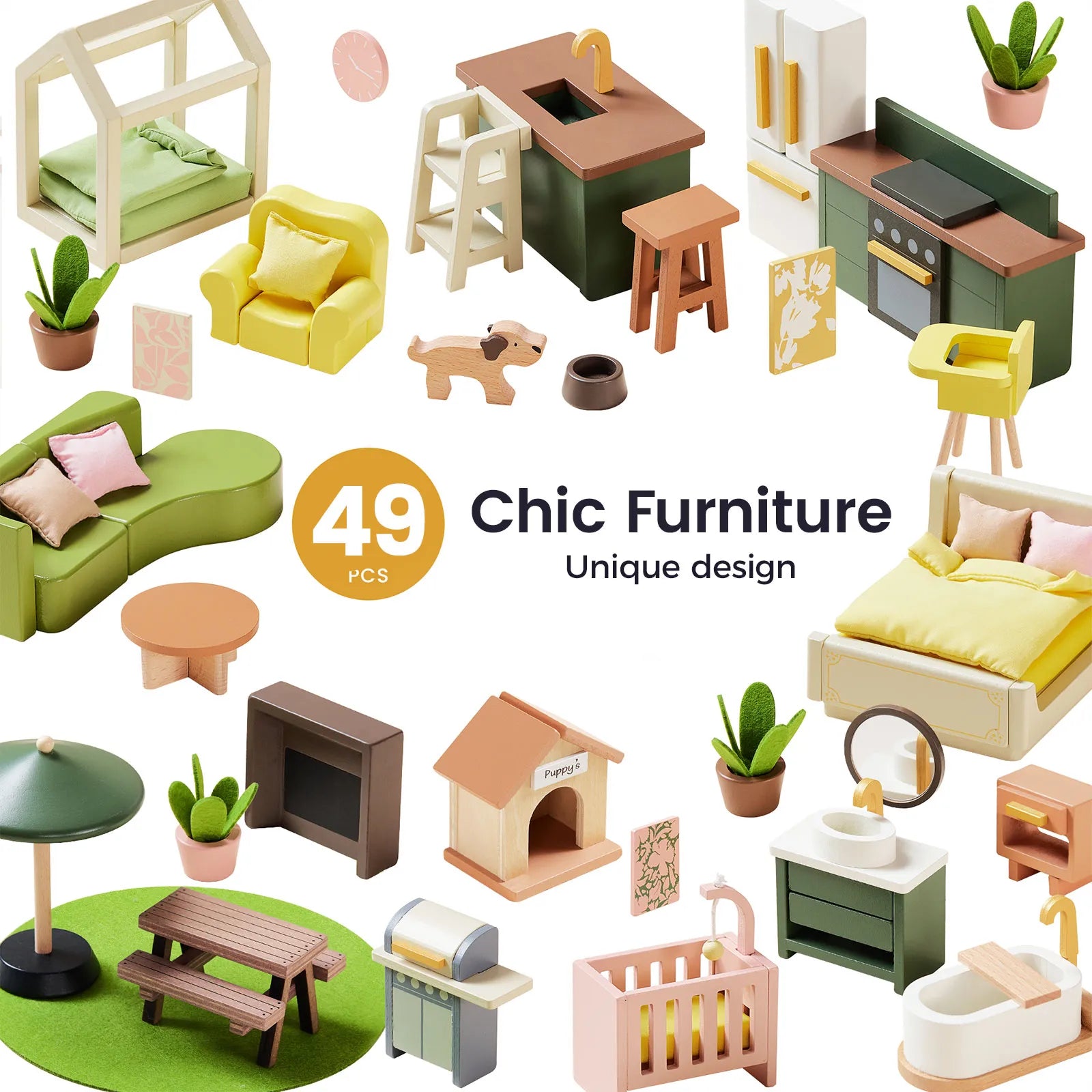 Tiny Land® Sweetwood Cottage Dollhouse by Tiny Land features 49 pcs of chic, uniquely designed miniature furniture, including a bed, sofa, kitchen set, plants, pet accessories, table, chairs, and a picnic bench.|Green