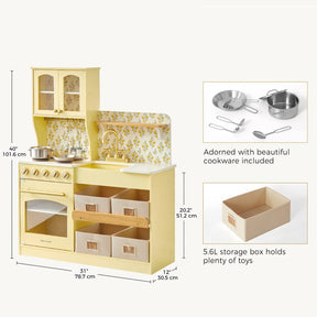 Tiny Land® Wooden Play Kitchen with Storage for Creative Toddlers by Tiny Land features a cheerful yellow design with a floral backsplash, oven, sink, open shelves, pretend cookware, and four beige storage boxes for versatile organization. Dimensions and included accessories are provided with concise descriptions.|Pale Yellow