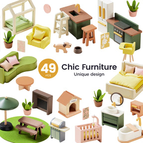 Tiny Land® Sweetwood Cottage Dollhouse by Tiny Land features 49 pcs of chic, uniquely designed miniature furniture, including a bed, sofa, kitchen set, plants, pet accessories, table, chairs, and a picnic bench.|Green