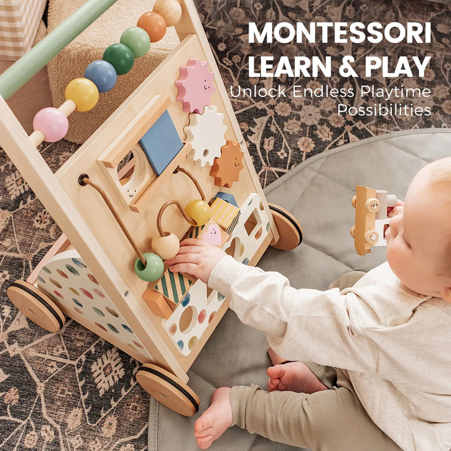 A baby plays with the Tiny Land® Versatile Natural Wooden Baby Walker, featuring vibrant beads and shapes. Text reads: Montessori Learn & Play. Unlock Endless Playtime Possibilities. The natural wooden Tiny Land walker rests on a soft padded mat as the baby explores and learns.