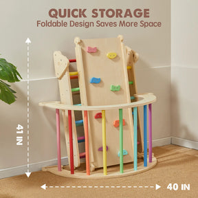 The Tiny Land® Pikler Triangle 7-in-1 Montessori Climbing Set by Tiny Land folds for easy corner storage. QUICK STORAGE: Foldable Design Saves More Space. Measures 41” tall x 40” wide—an ideal indoor playground solution.
