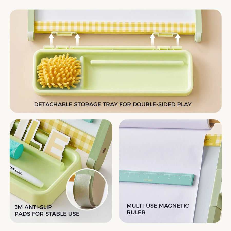 Collage showcasing the Tiny Land® Double-Sided Magnetic Tabletop Easel by Tiny Land, featuring a detachable storage tray with a duster and pen, 3M anti-slip pads for stability, and a versatile multi-use magnetic ruler on a magnetic whiteboard with yellow checkered accents—an ideal addition to any adjustable kids easel or art station.|Green
