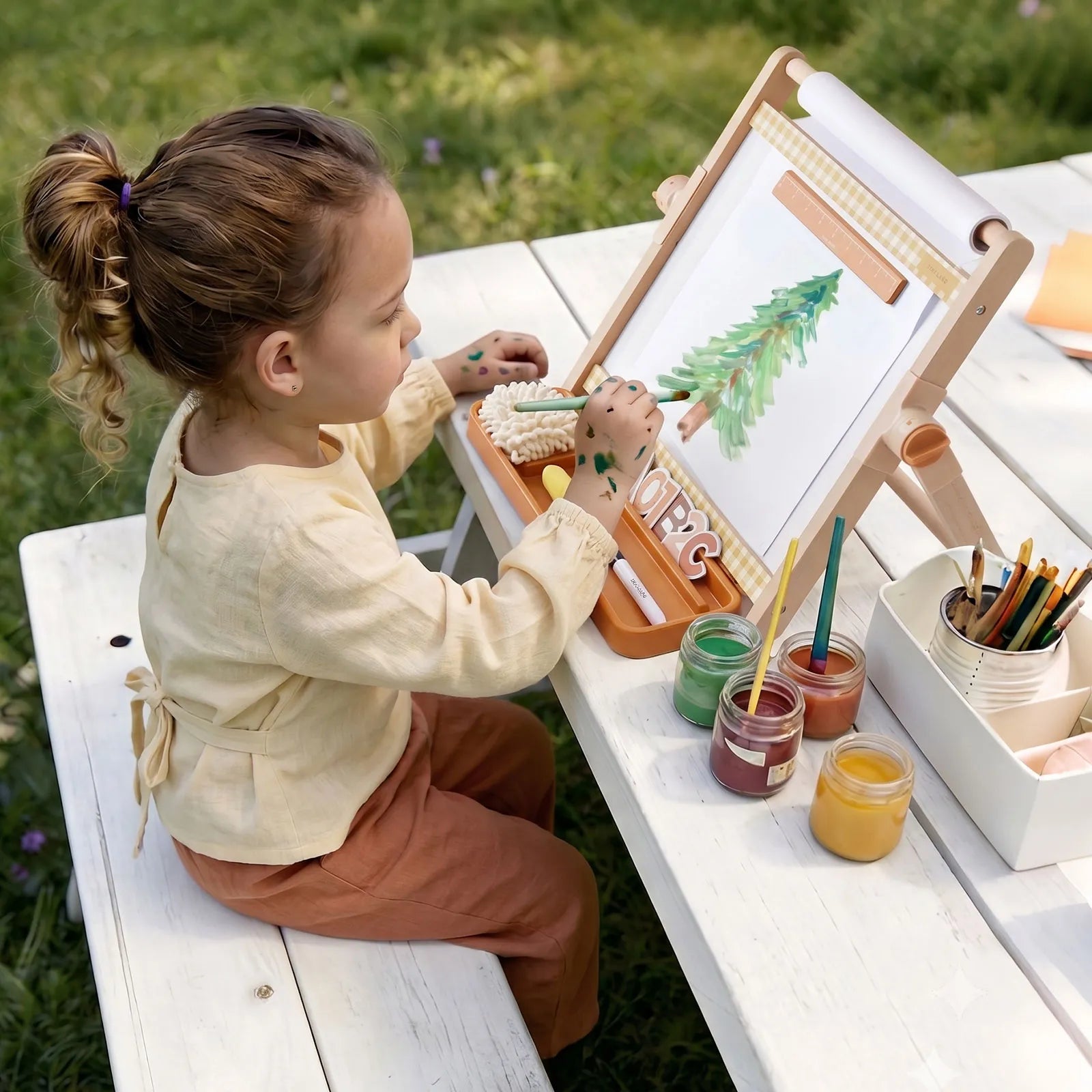 A young child sits at a white picnic table outdoors, painting a tree on the Tiny Land® Double-Sided Magnetic Tabletop Easel. Various paint jars and brushes from Tiny Land are arranged beside her on the table, creating a vibrant art station.|Oatmeal