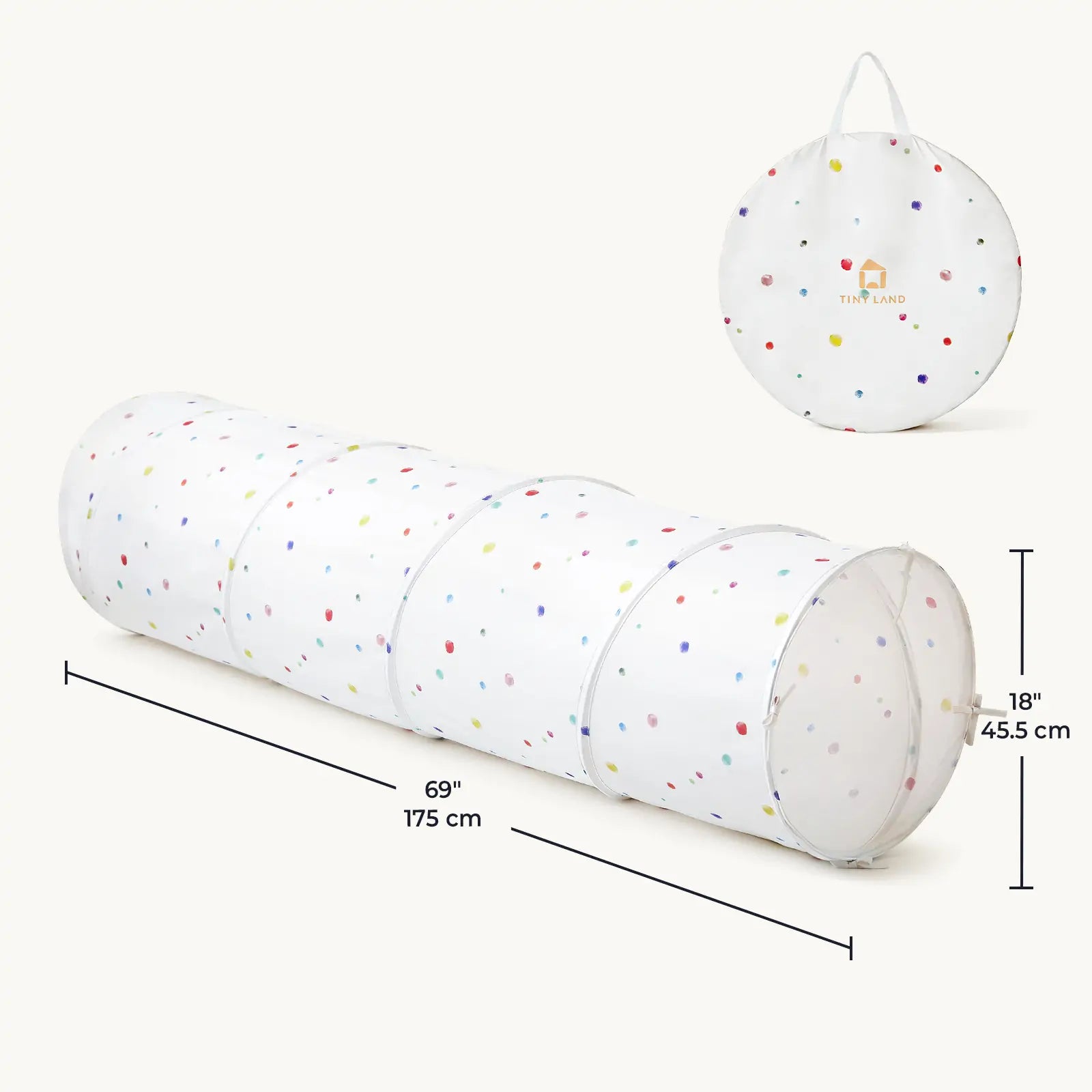 The Tiny Land® Adventure Play Tunnel - Colorful Polka Dots by Tiny Land is shown fully extended with mesh panels and a matching circular carrying case. Dimensions: 69" (175 cm) long, 18" (45.5 cm) high.