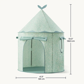 The Tiny Land® Tiny Sprout Castle Tent is a light blue indoor kids’ playhouse with a pointed roof and floral pattern, open doorway, rolled-up window covers, and measures 54.5" tall by 41.3" wide. Brand: Tiny Land.