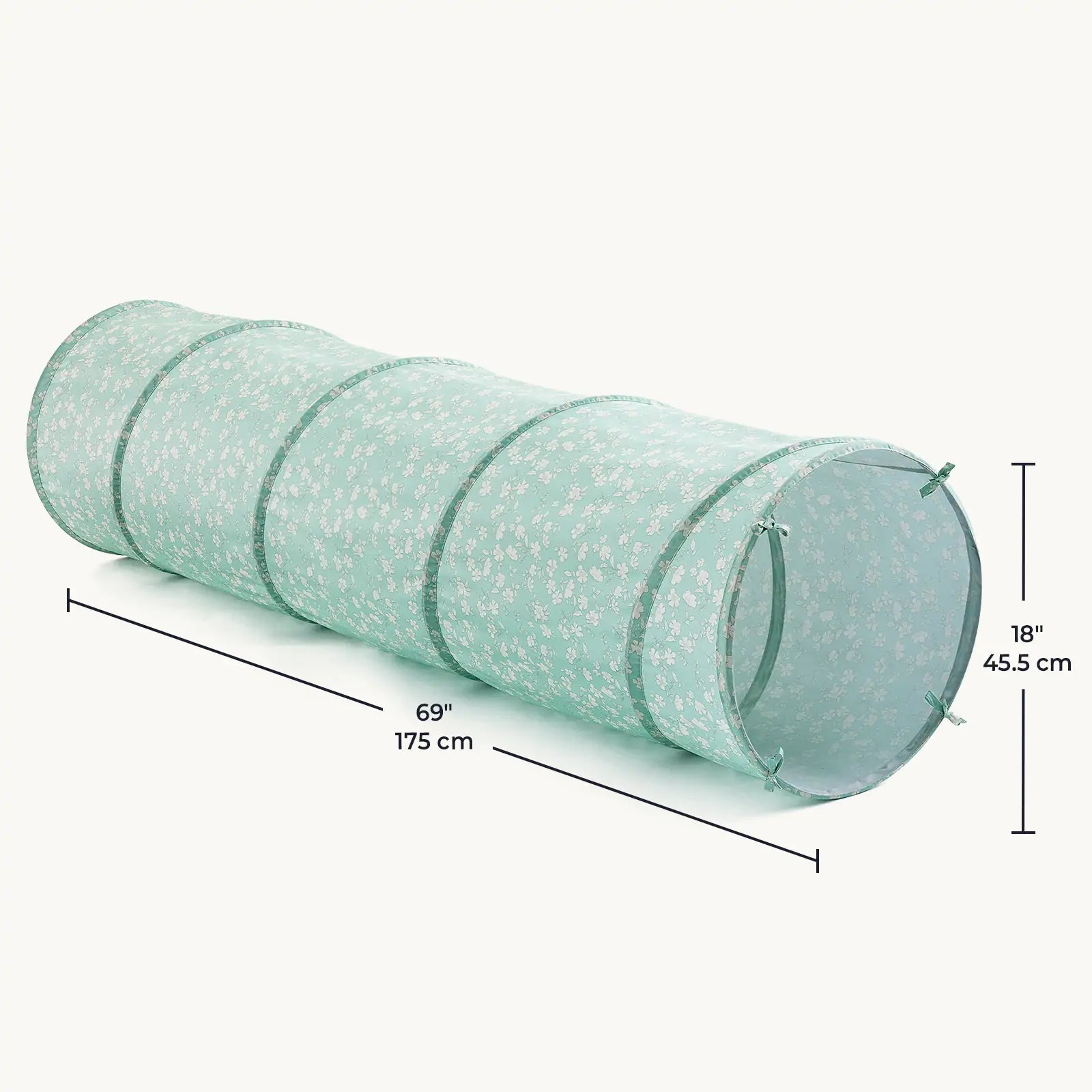 The Tiny Land® PlayNest Climbing Ball Pit Set with Tunnel features a light green tunnel (69"x18") with a white floral pattern, ideal for indoor play. Shown against a plain background.