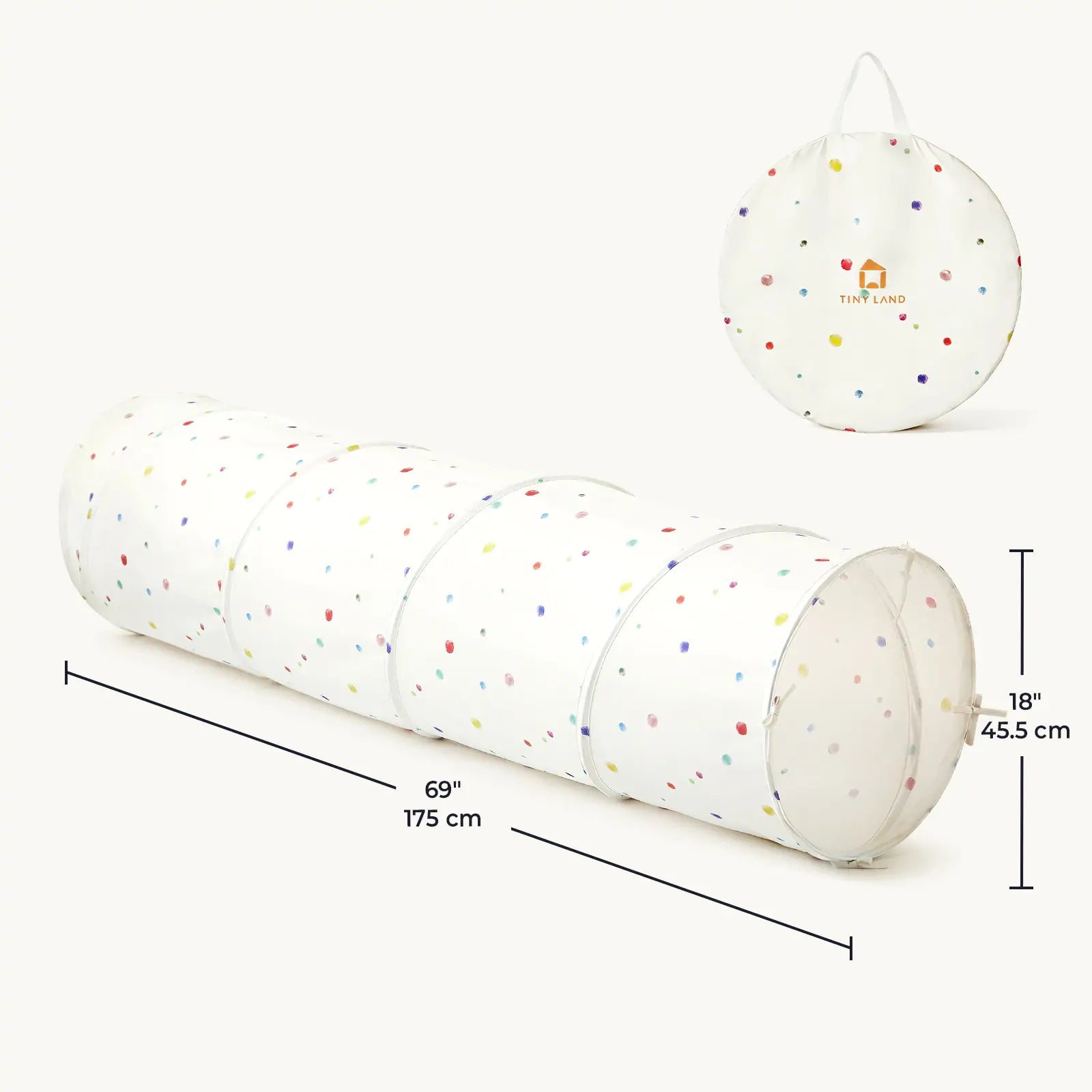 The Tiny Land® Adventure Play Tunnel by Tiny Land features colorful polka dots, measures 69" long and 18" in diameter, and folds neatly into a round carrying case with handle—ideal as an indoor or outdoor kids crawl tunnel for endless fun.