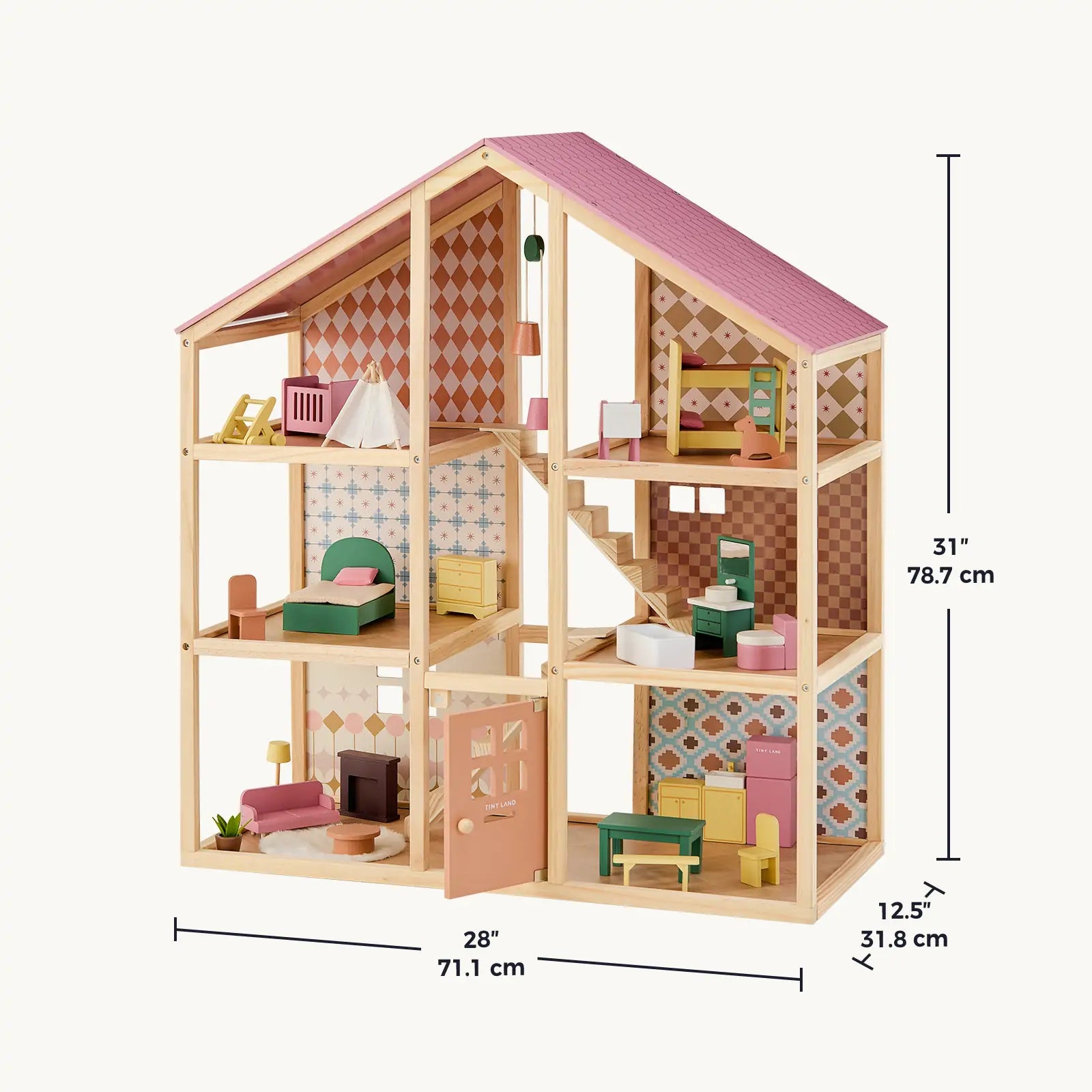 The Tiny Land® Sweetwood Pegasus Dollhouse features three levels, six rooms, colorful furniture, and patterned walls. Measuring 31" tall, 28" wide, and 12.5" deep, it’s perfect for poseable family dolls by Tiny Land.