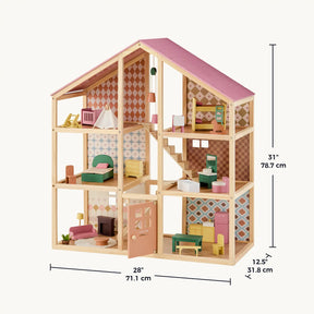 The Tiny Land® Sweetwood Pegasus Dollhouse features three levels, six rooms, colorful furniture, and patterned walls. Measuring 31" tall, 28" wide, and 12.5" deep, it’s perfect for poseable family dolls by Tiny Land.