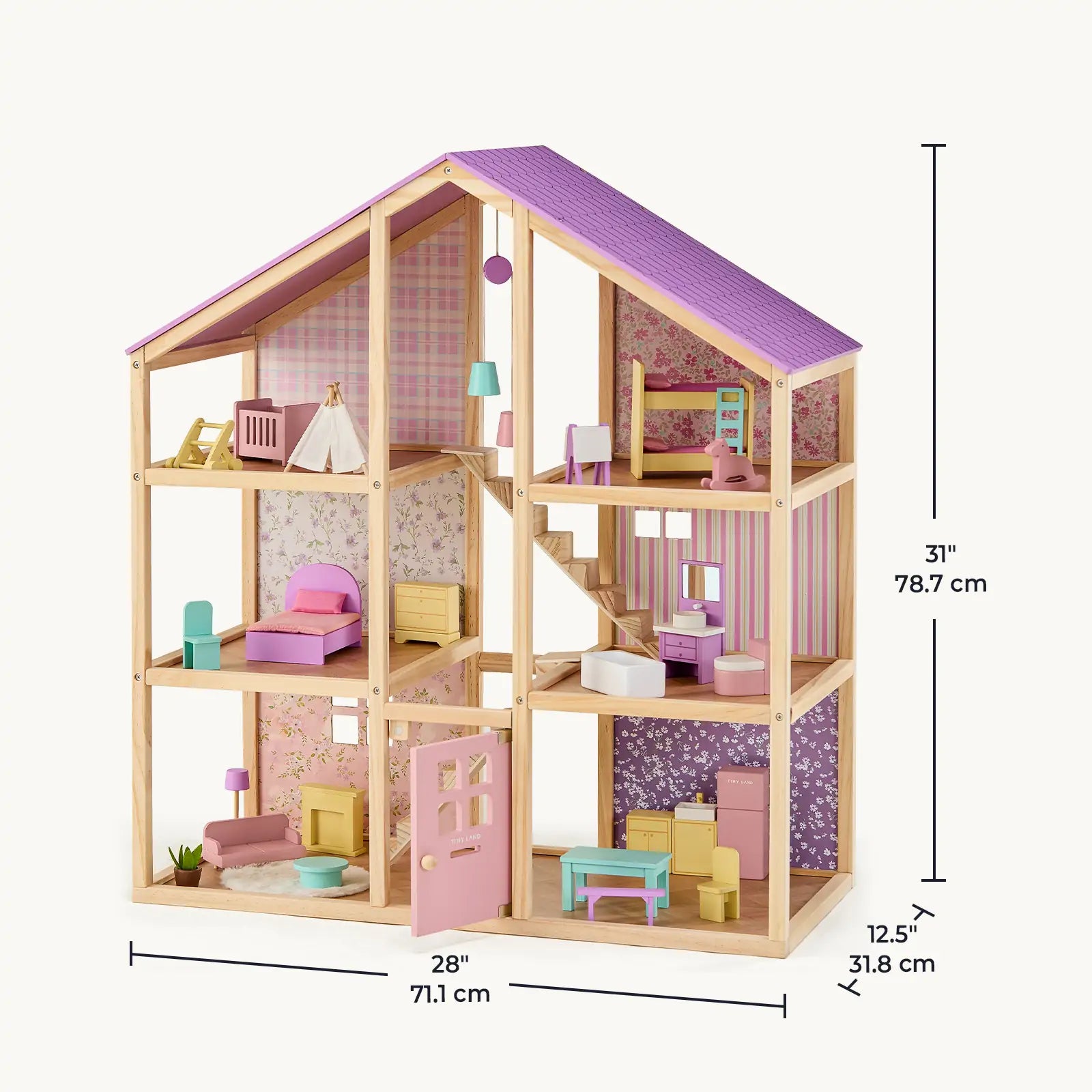 The Tiny Land® Sweetwood Unicorn Dollhouse & Wooden Dollhouse Dolls features three floors, colorful furniture, an open front design for poseable dolls, and measures 31” tall x 28” wide x 12.5” deep—perfect for imaginative play.