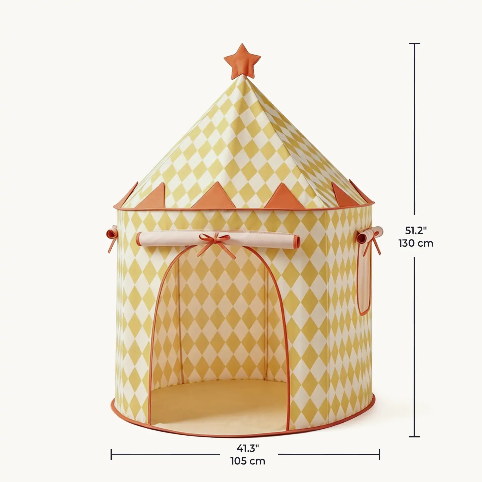 The Tiny Land® Tiny Sunshine Castle Tent features a yellow and white diamond pattern, orange trim, a star on top, and a large open doorway. Measuring 51.2" tall by 41.3" wide, it's perfect as an indoor or outdoor playhouse for children.